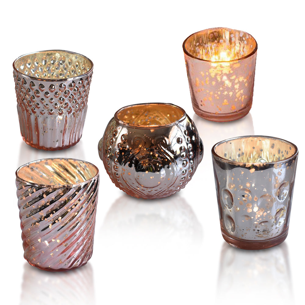 Royal Chic Rose Gold Mercury Glass Tea Light Votive Candle Holders (Set of 5, Assorted Designs and Sizes)