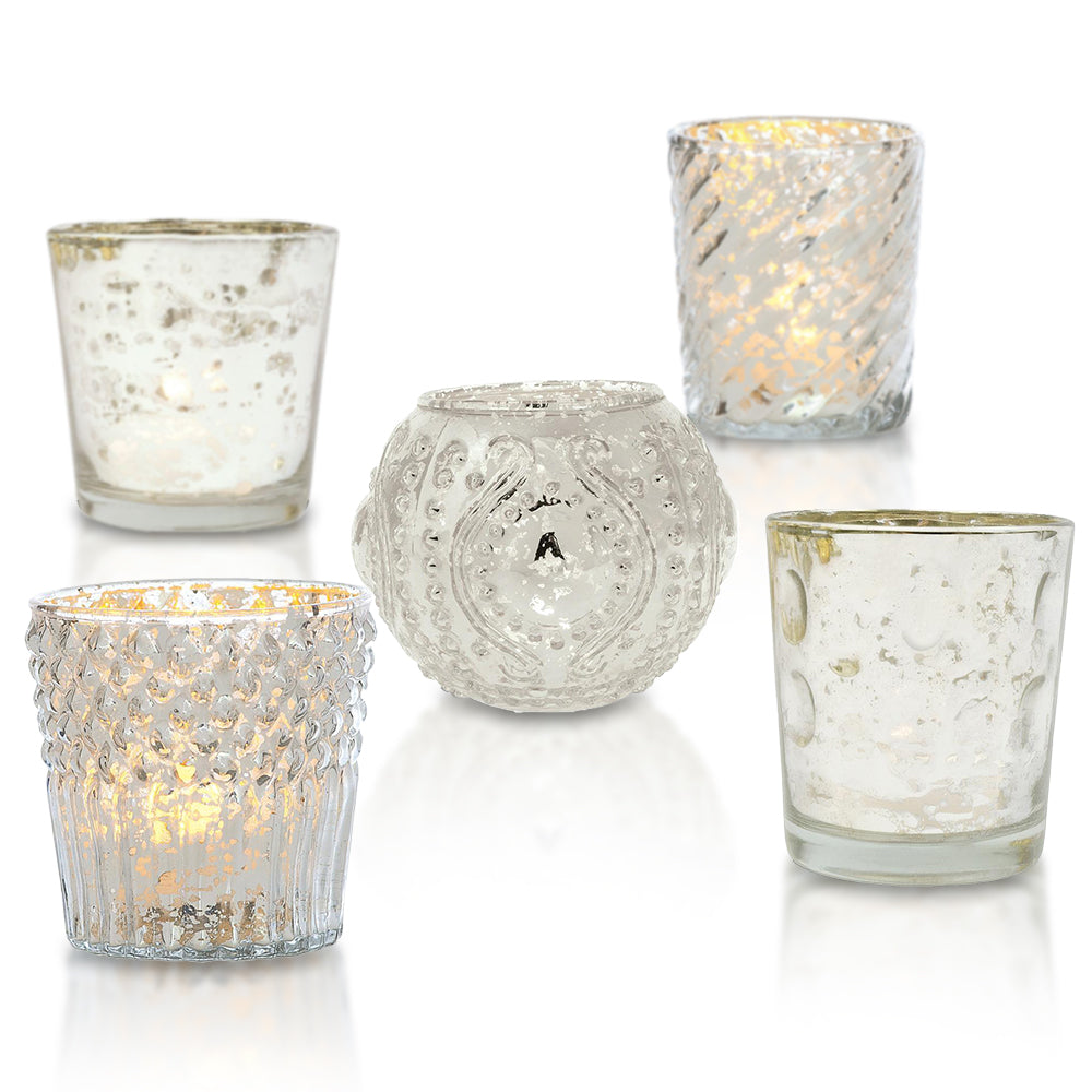 Royal Chic Silver Mercury Glass Tea Light Votive Candle Holders (5 PACK, Assorted Designs and Sizes)