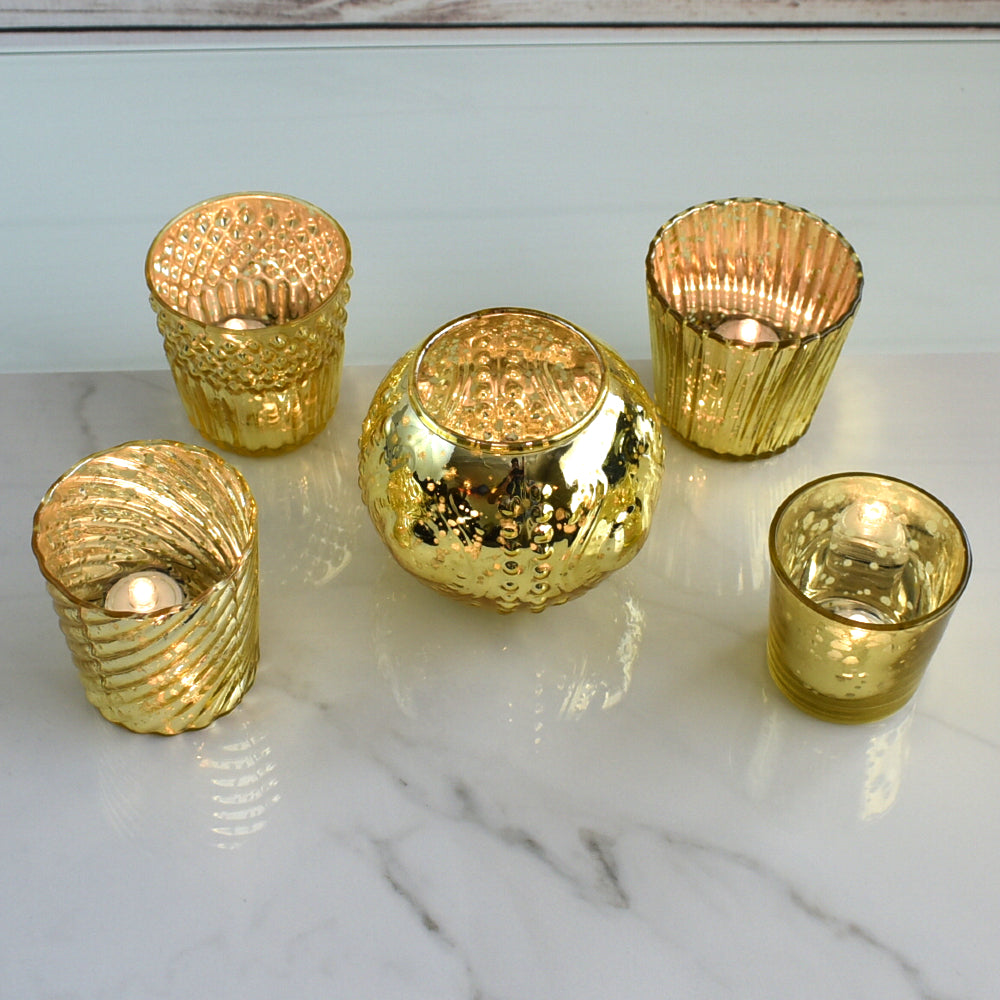 Royal Banquet Gold Mercury Glass Tea Light Votive Candle Holders (5 PACK, Assorted Designs and Sizes)