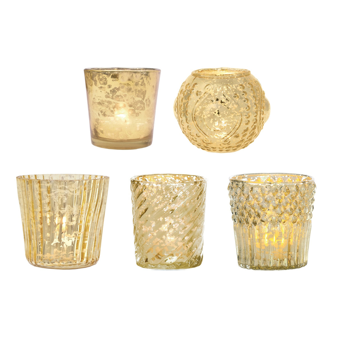 Royal Banquet Gold Mercury Glass Tea Light Votive Candle Holders (5 PACK, Assorted Designs and Sizes)