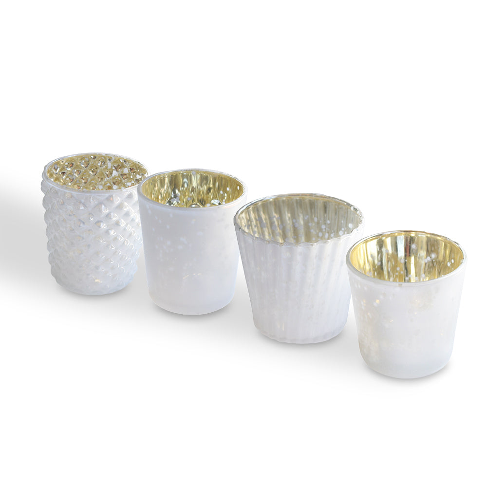 Lit Best of Show Mercury Glass Tealight Votive Candle Holders (Pearl White, Set of 4, Assorted Styles) - for Weddings, Events, Parties, and Home Décor, Ideal Housewarming Gift