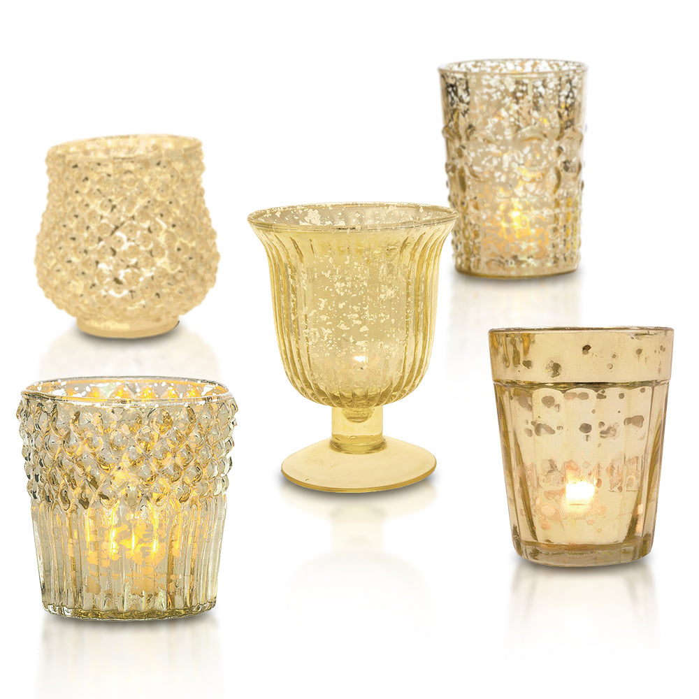 Bohemian Chic Gold Mercury Glass Tea Light Votive Candle Holders (Set of 5, Assorted Designs and Sizes)
