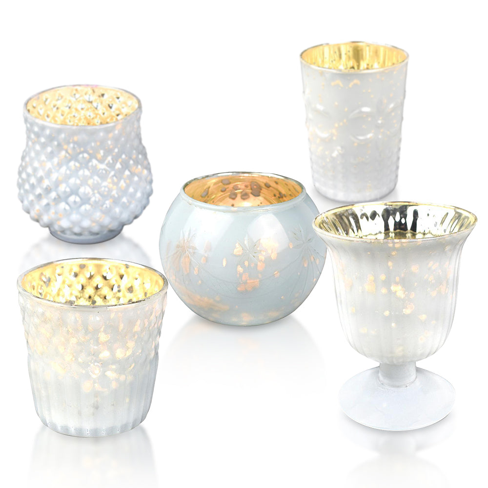 Bohemian Chic Pearl White Mercury Glass Tea Light Votive Candle Holders (Set of 5, Assorted Designs and Sizes)
