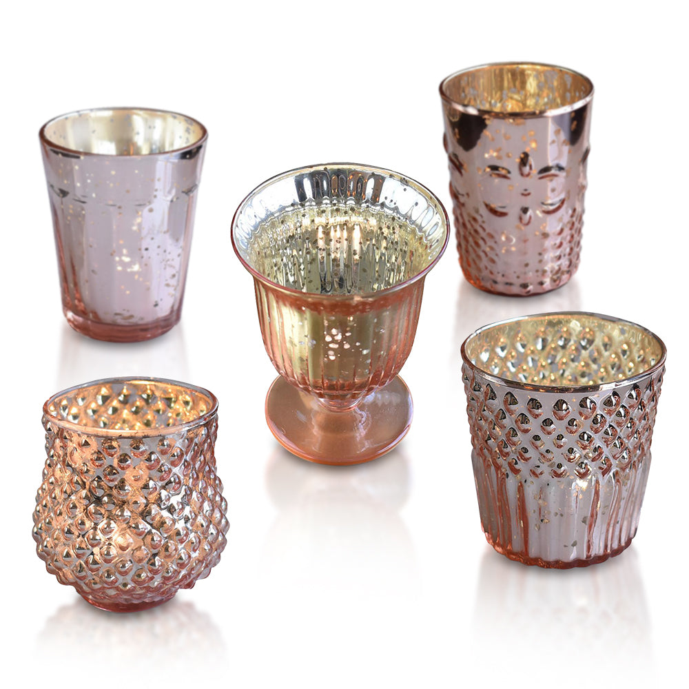 Bohemian Chic Rose Gold Mercury Glass Tea Light Votive Candle Holders (Set of 5, Assorted Designs and Sizes)