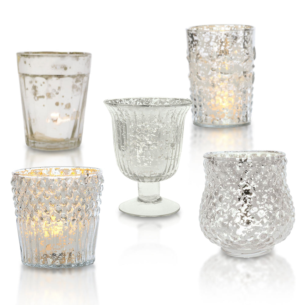 Bohemian Chic Silver Mercury Glass Tea Light Votive Candle Holders (Set of 5, Assorted Designs and Sizes)