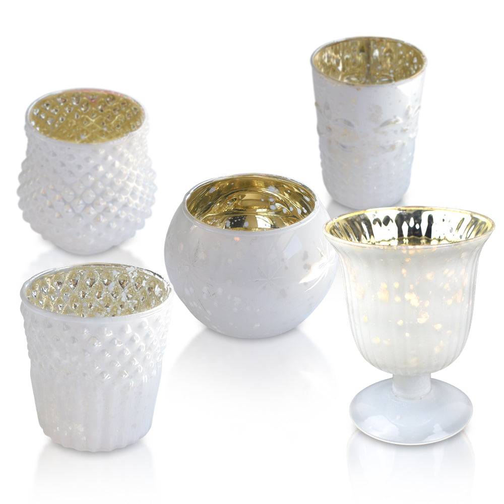 Bohemian Chic Pearl White Mercury Glass Tea Light Votive Candle Holders (Set of 5, Assorted Designs and Sizes)