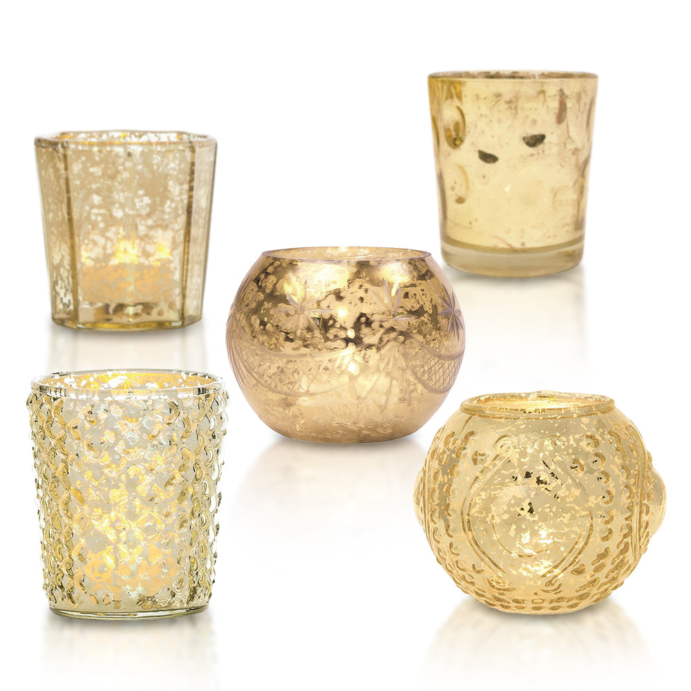 Shabby Chic Gold Mercury Glass Tea Light Votive Candle Holders (Set of 5, Assorted Designs and Sizes)