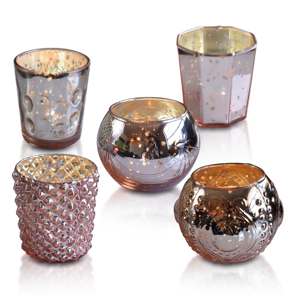 Shabby Chic Rose Gold Mercury Glass Tea Light Votive Candle Holders (Set of 5, Assorted Designs and Sizes)