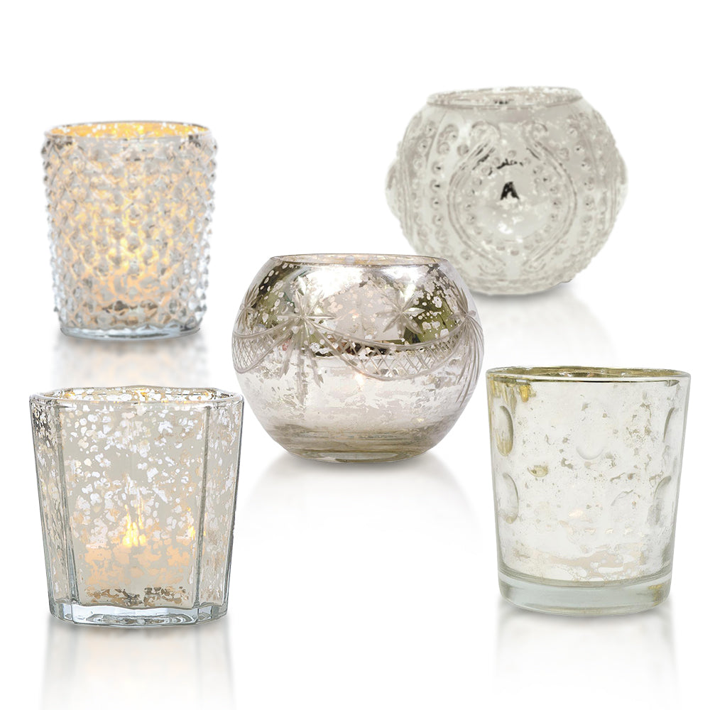 Shabby Chic Silver Mercury Glass Tea Light Votive Candle Holders (Set of 5, Assorted Designs and Sizes)