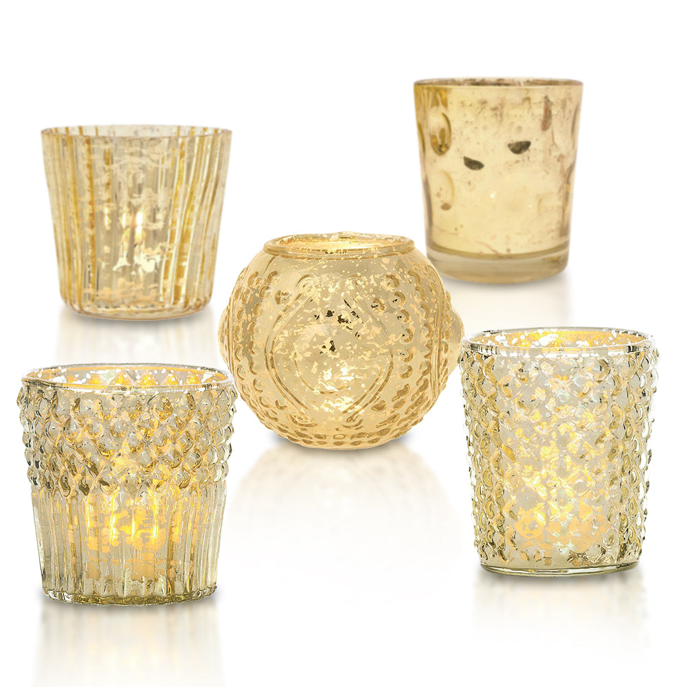 Vintage Elegance Gold Mercury Glass Tea Light Votive Candle Holders (Set of 5, Assorted Designs and Sizes)