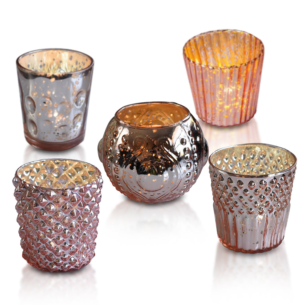 Vintage Elegance Rose Gold Mercury Glass Tea Light Votive Candle Holders (Set of 5, Assorted Designs and Sizes)