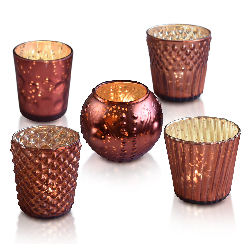 Vintage Elegance Rustic Copper Red Mercury Glass Tea Light Votive Candle Holders (Set of 5, Assorted Designs and Sizes)