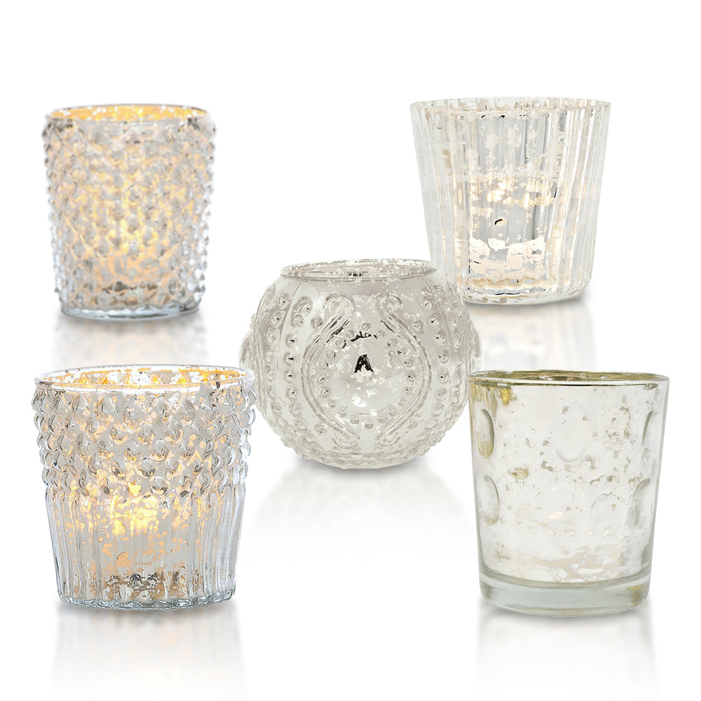 Vintage Elegance Silver Mercury Glass Tea Light Votive Candle Holders (Set of 5, Assorted Designs and Sizes)