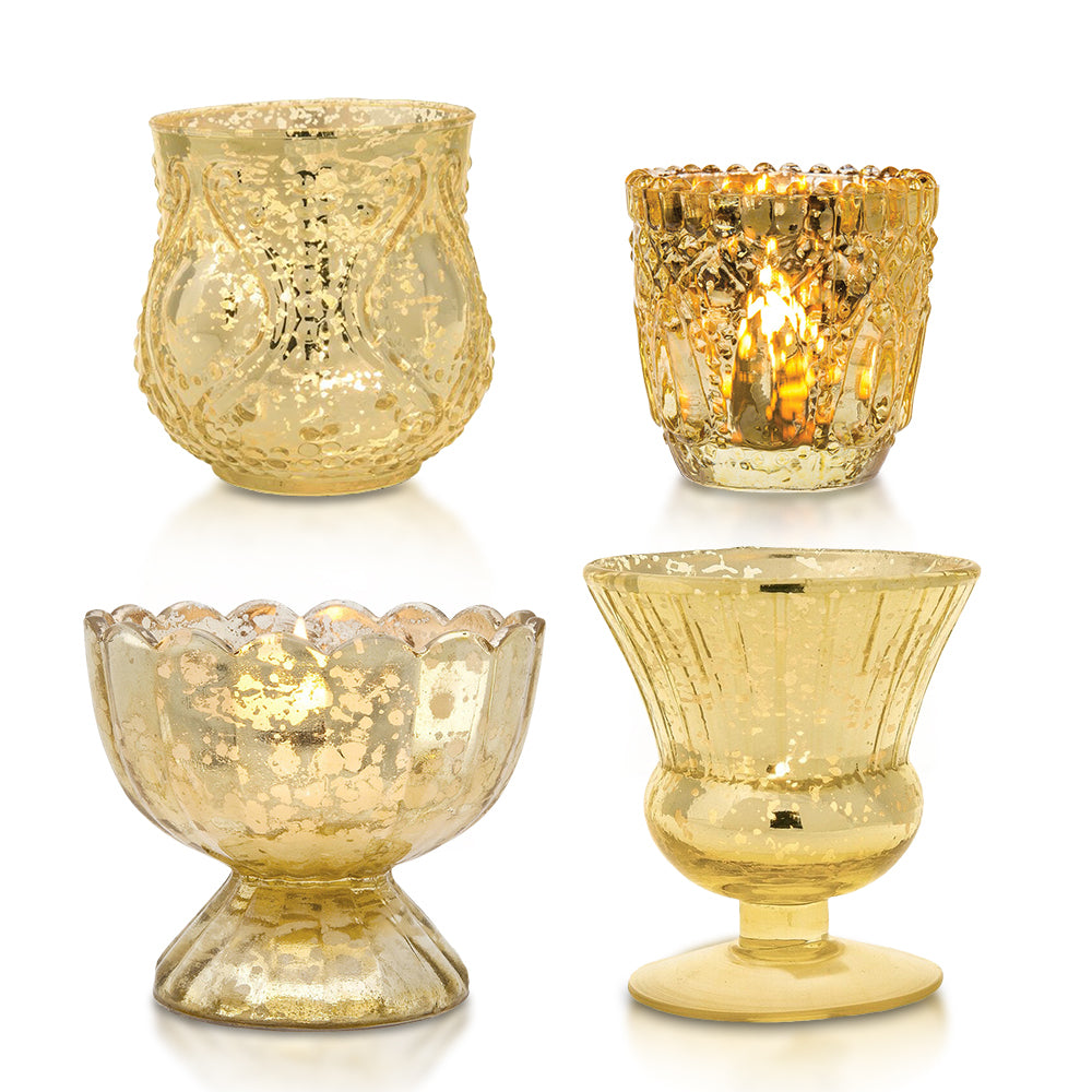 Elevation Gold Mercury Glass Tea Light Votive Candle Holders (Set of 4, Assorted Designs and Sizes)