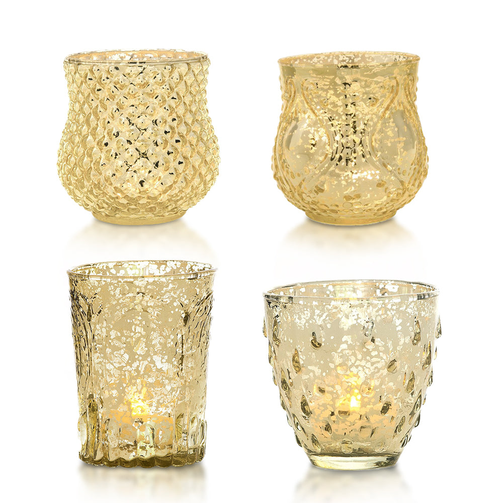 Imagination Gold Mercury Glass Tea Light Votive Candle Holders (Set of 4, Assorted Designs and Sizes)