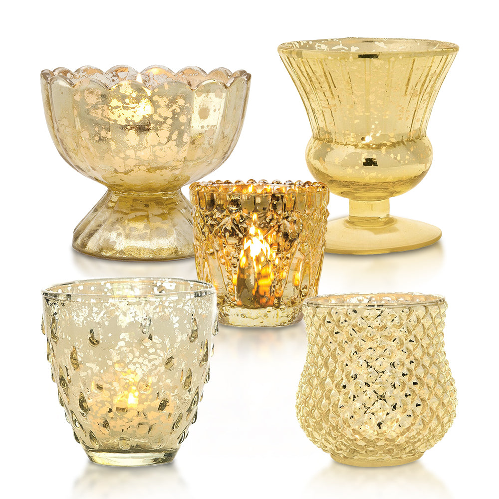 Timeless Gold Mercury Glass Tea Light Votive Candle Holders (Set of 5, Assorted Designs and Sizes)