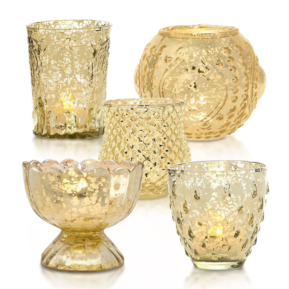 Allure Gold Mercury Glass Tea Light Votive Candle Holders (Set of 5, Assorted Designs and Sizes)