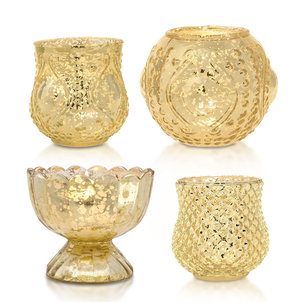 Elegance Gold Mercury Glass Tea Light Votive Candle Holders (Set of 4, Assorted Designs and Sizes)