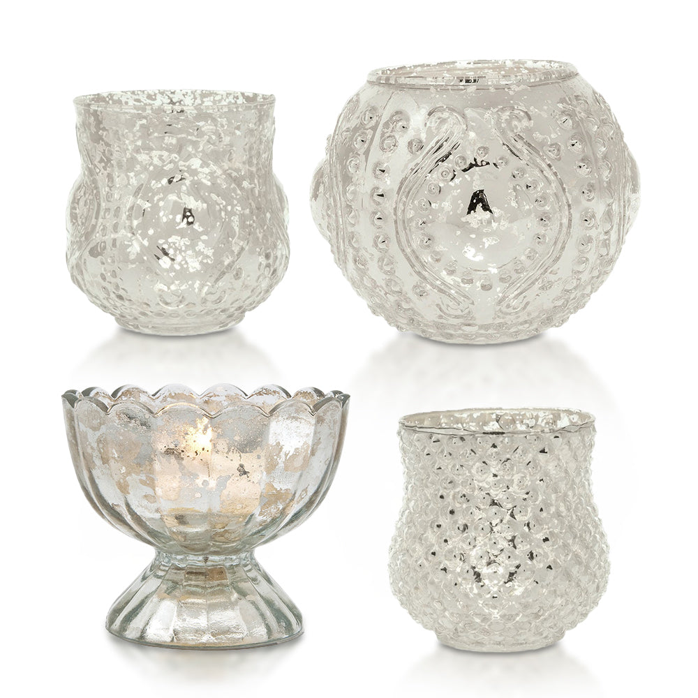 Elegance Silver Mercury Glass Tea Light Votive Candle Holders (Set of 4, Assorted Designs and Sizes)