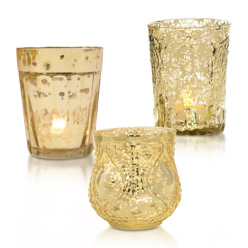 Glory Gold Mercury Glass Tea Light Votive Candle Holders (Set of 3, Assorted Designs and Sizes)