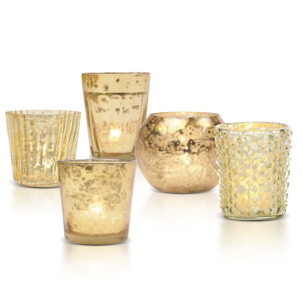 Vintage Mercury Glass Votive Tea Light Candle Holders - Gold (5 PACK, Assorted Designs)