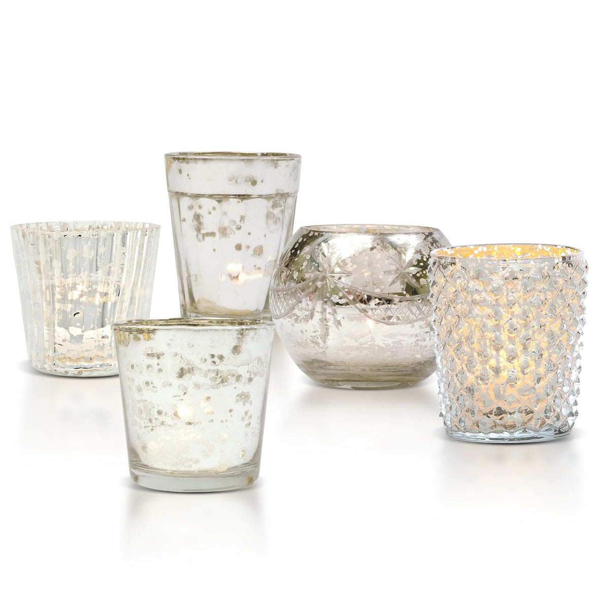 Vintage Mercury Glass Votive Tea Light Candle Holders - Silver (5 PACK, Assorted Designs)