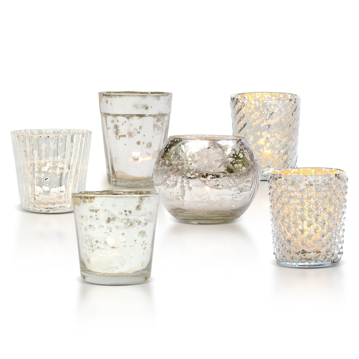 Showcase Vintage Mercury Glass Votive Tea Light Candle Holders - Silver (6 PACK, Assorted Designs)