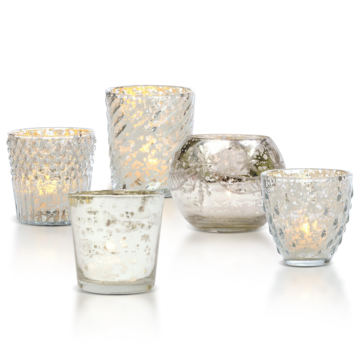 Vintage Love Silver Mercury Glass Tea Light Votive Candle Holders (5 PACK, Assorted Styles)