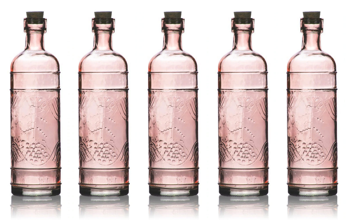5 Pack - 6.5&quot; Mabel Pink Vintage Glass Bottle with Cork - DIY Wedding Flower &amp; Bud Vases