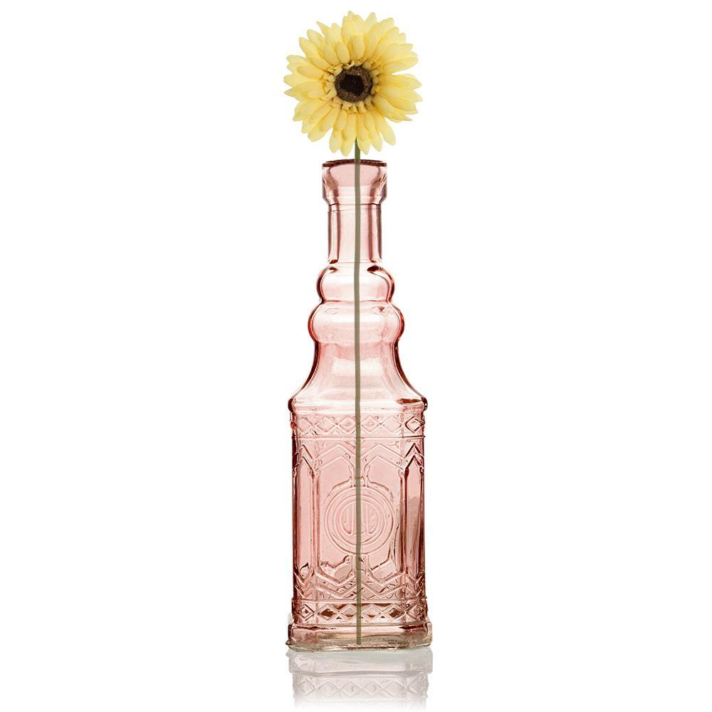 5 Pack - 6.5&quot; Ella Pink Vintage Glass Bottle with Cork - DIY Wedding Flower Bud Vases