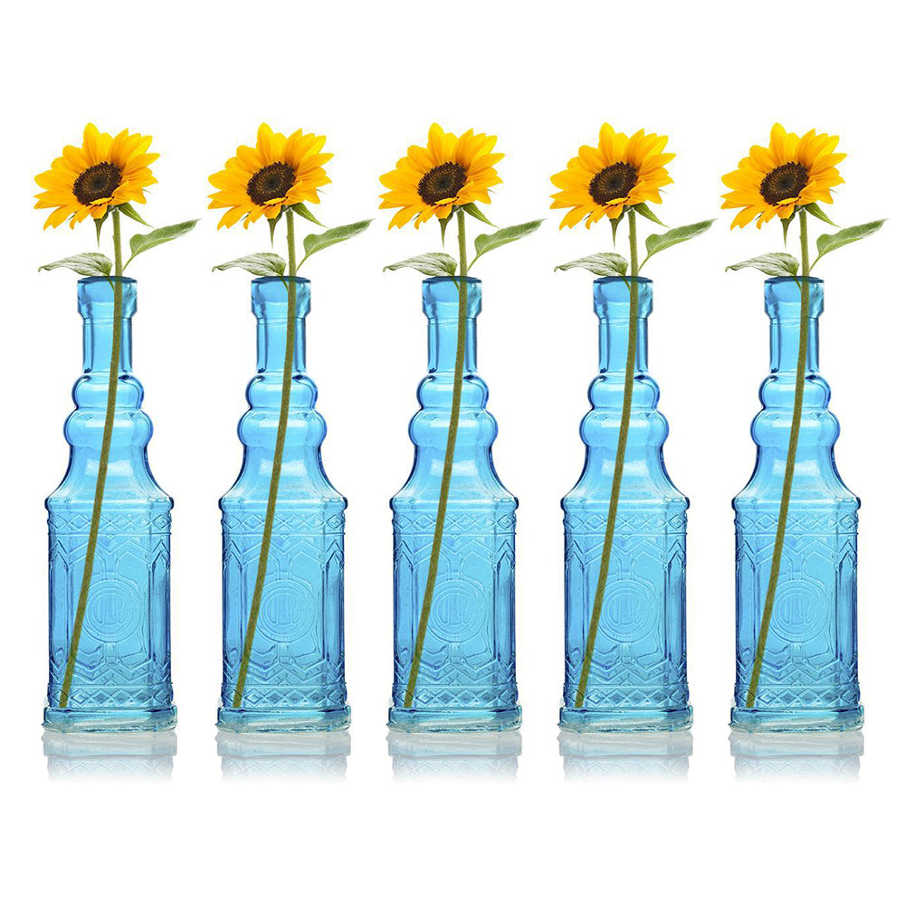 5 Pack - 6.5&quot; Ella Turquoise Vintage Glass Bottle with Cork - DIY Wedding Flower Bud Vases