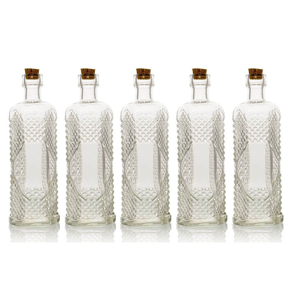 5 Pack - 6.5" Aria Clear Vintage Glass Bottle with Cork - DIY Wedding Flower Bud Vases