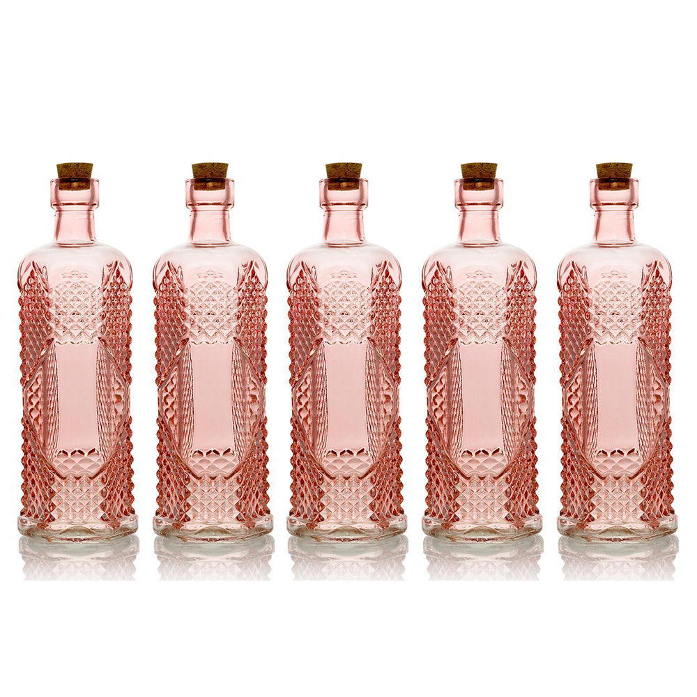 5 Pack - 6.5&quot; Aria Pink Vintage Glass Bottle with Cork - DIY Wedding Flower Bud Vases