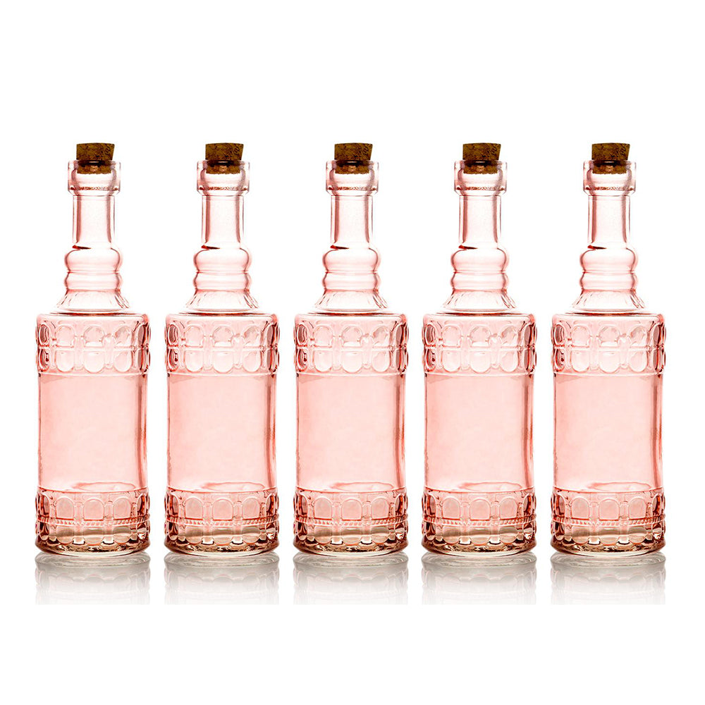 5 Pack - 6.6" Calista Pink Vintage Glass Bottle with Cork - DIY Wedding Flower Bud Vases