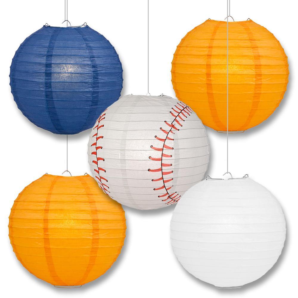 Houston Pro Baseball 14-inch Paper Lanterns 5pc Combo Party Pack - Navy Blue, Orange &amp; White
