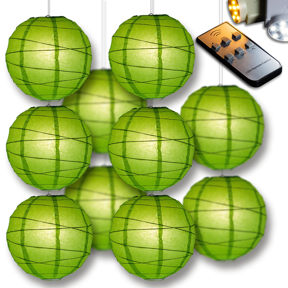 Grass Green Crisscross Paper Lantern 10pc Party Pack with Remote Controlled LED Lights Included