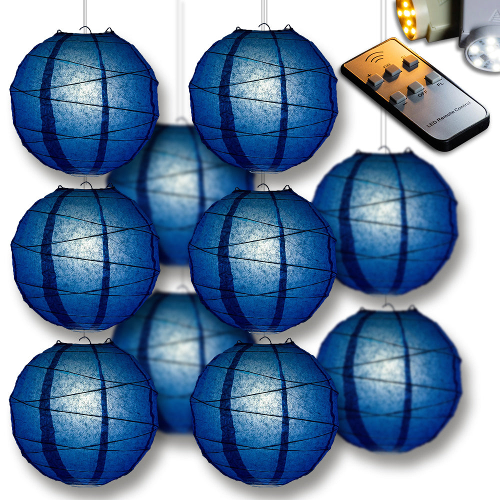 Navy Blue Crisscross Paper Lantern 10pc Party Pack with Remote Controlled LED Lights Included