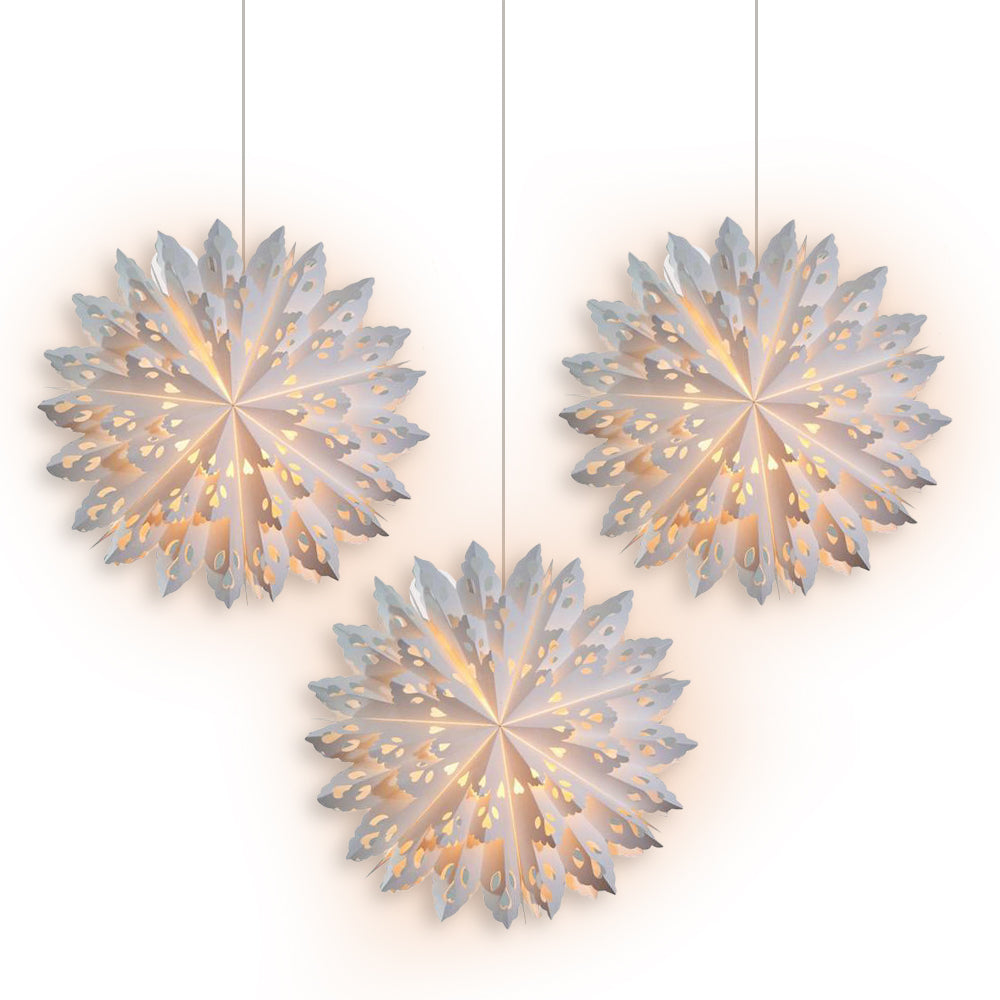 3-PACK + Cord | White Neve 24&quot; Pizzelle Designer Illuminated Paper Star Lanterns and Lamp Cord Hanging Decorations - PaperLanternStore.com - Paper Lanterns, Decor, Party Lights &amp; More