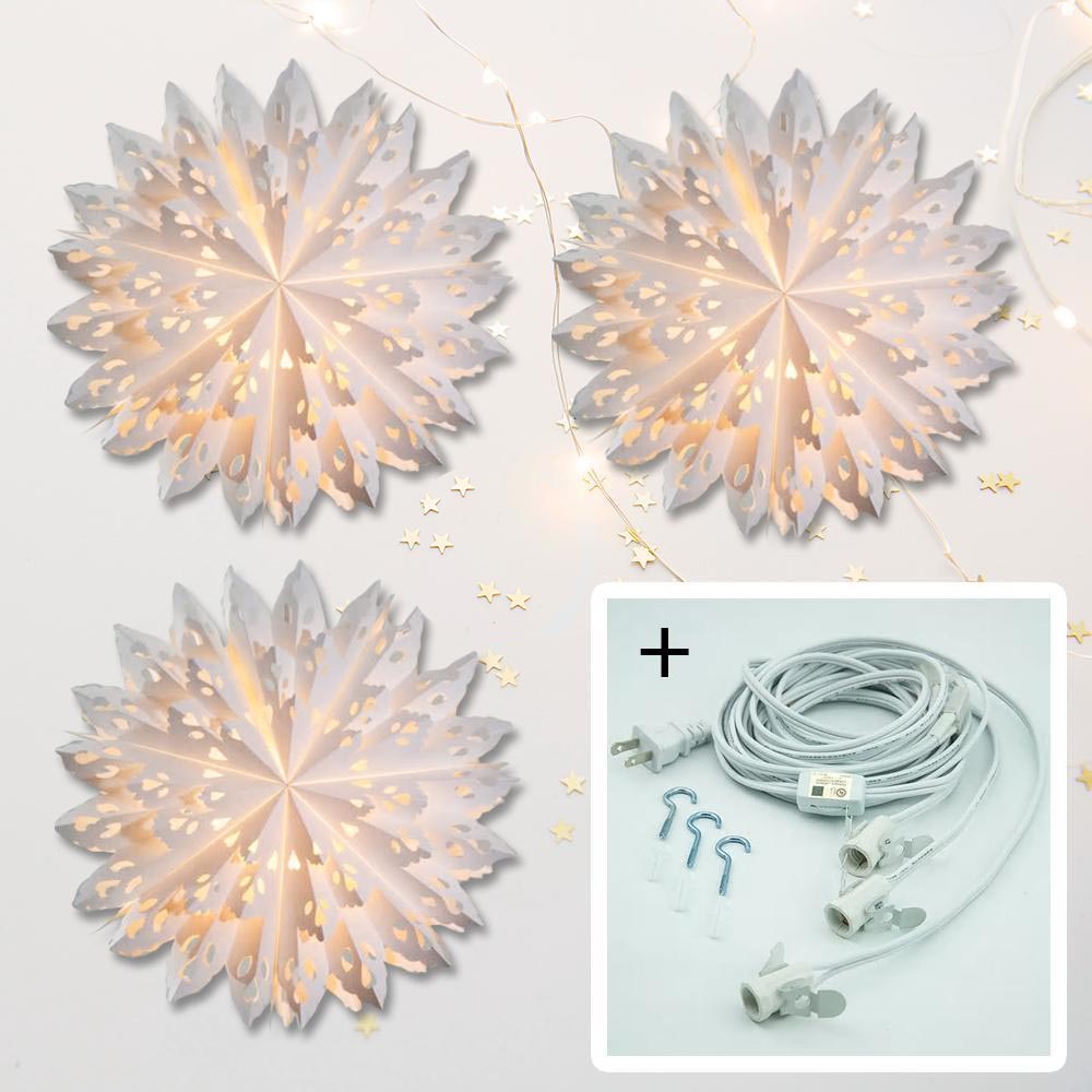 3-PACK + Cord | White Neve 24&quot; Pizzelle Designer Illuminated Paper Star Lanterns and Lamp Cord Hanging Decorations - PaperLanternStore.com - Paper Lanterns, Decor, Party Lights &amp; More