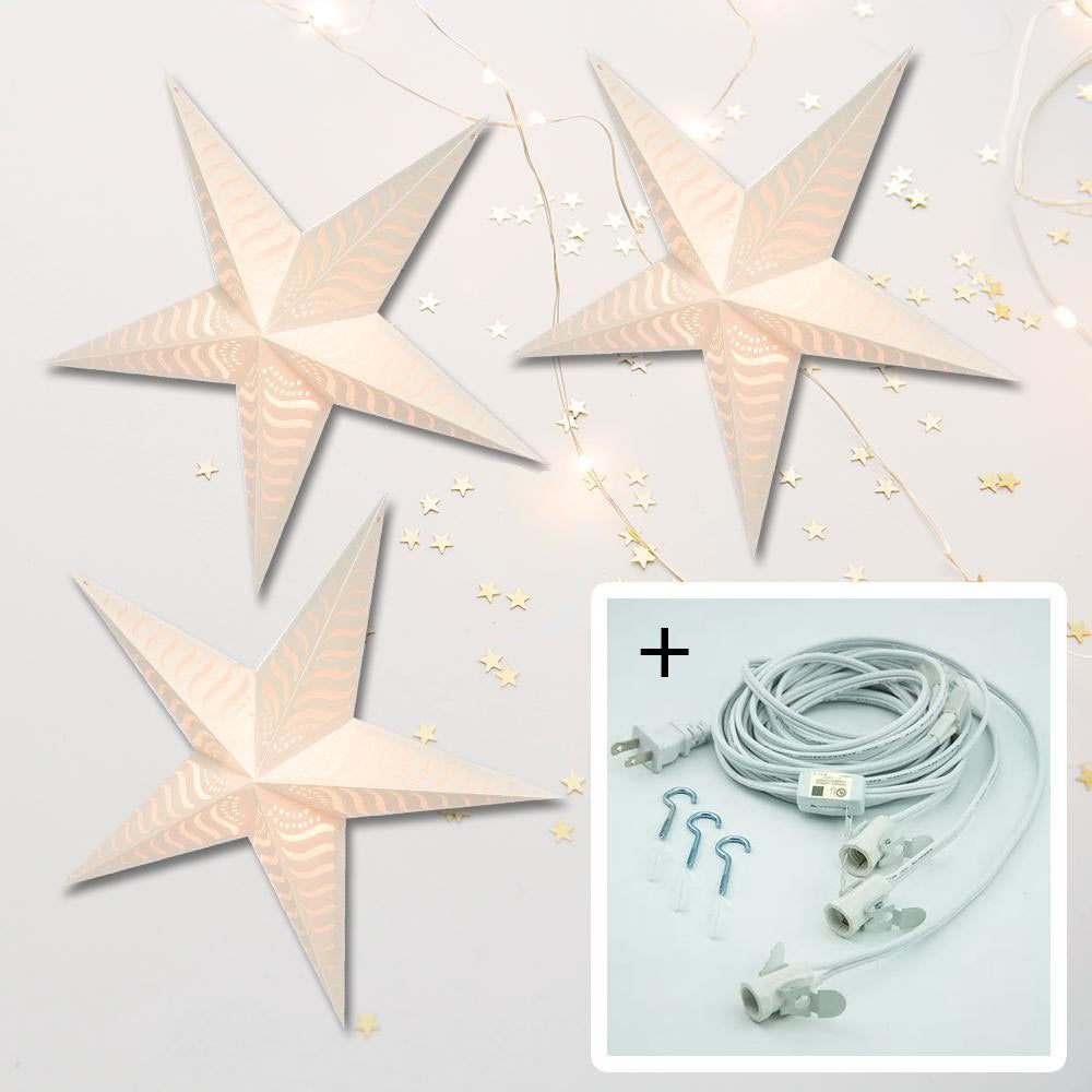 3-PACK + Cord | Luna 36&quot; Illuminated Paper Star Lanterns and Lamp Cord Hanging Decorations - PaperLanternStore.com - Paper Lanterns, Decor, Party Lights &amp; More