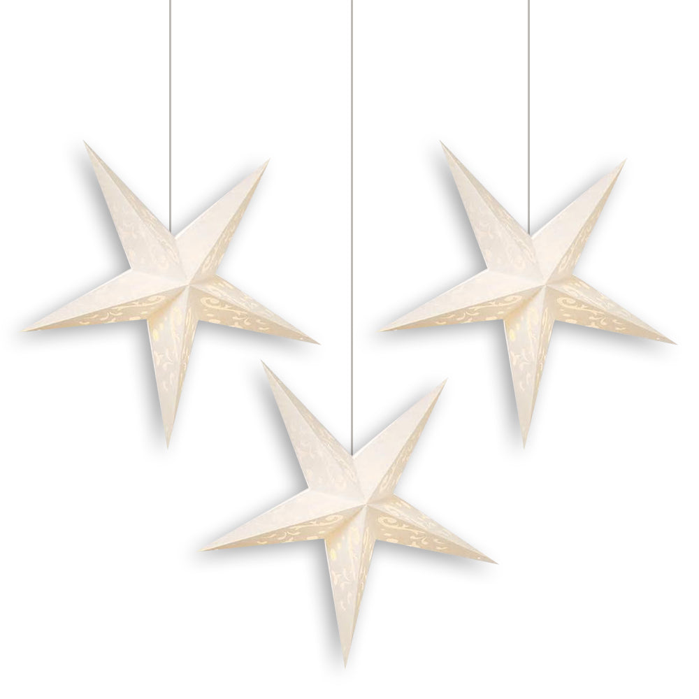 3-PACK + Cord | White Harmony 24&quot; Illuminated Paper Star Lanterns and Lamp Cord Hanging Decorations - PaperLanternStore.com - Paper Lanterns, Decor, Party Lights &amp; More