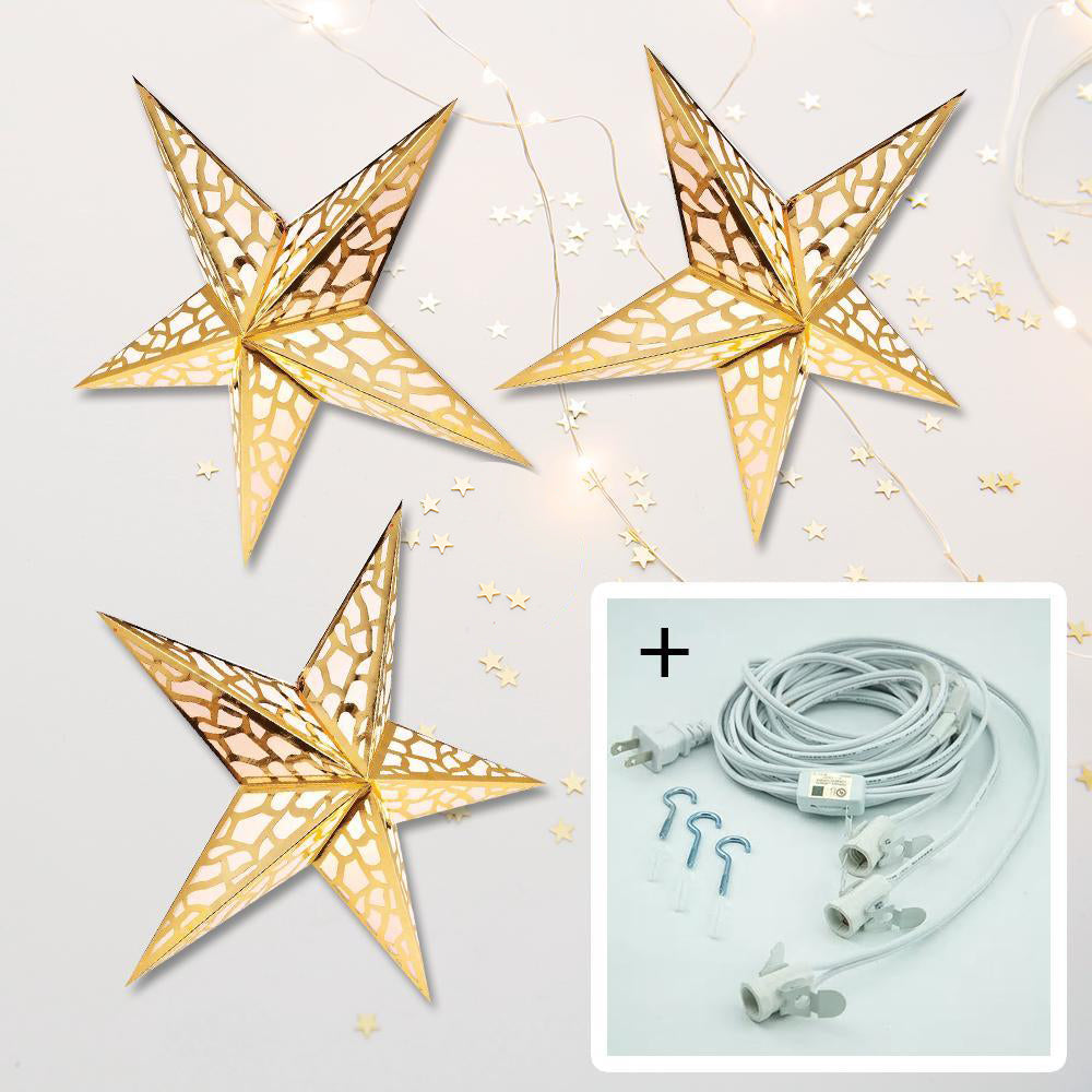 3-PACK + Cord | Gold Metallic 24&quot; Illuminated Paper Star Lanterns and Lamp Cord Hanging Decorations - PaperLanternStore.com - Paper Lanterns, Decor, Party Lights &amp; More