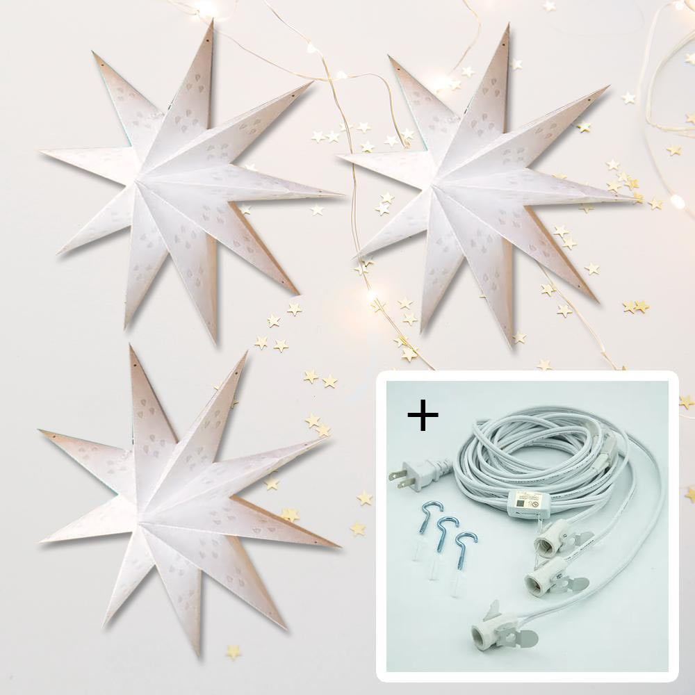 3-PACK + Cord | White Nova 9 Point 20&quot; Illuminated Paper Star Lanterns and Lamp Cord Hanging Decorations - PaperLanternStore.com - Paper Lanterns, Decor, Party Lights &amp; More