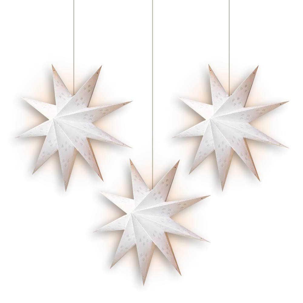 3-PACK + Cord | White Nova 9 Point 20&quot; Illuminated Paper Star Lanterns and Lamp Cord Hanging Decorations - PaperLanternStore.com - Paper Lanterns, Decor, Party Lights &amp; More