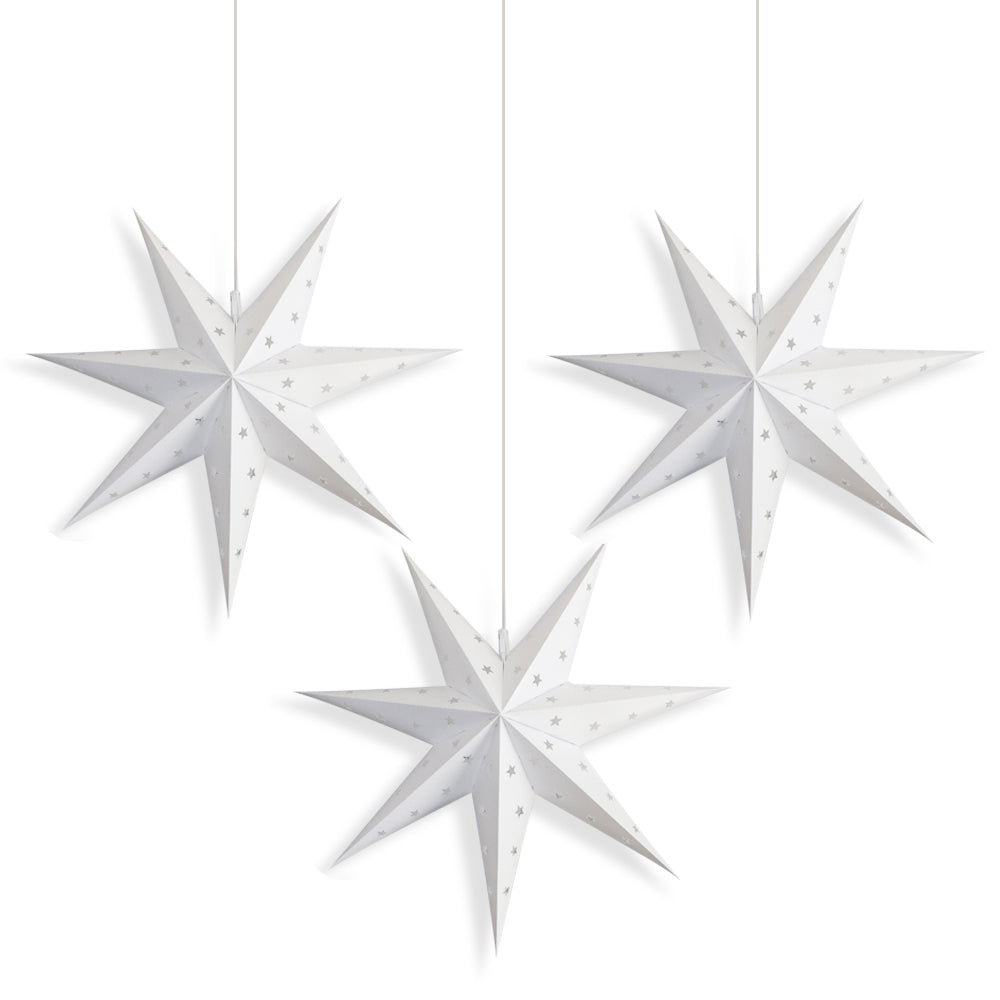 3-PACK + CORD + BULBS | 14" White 7-Point Weatherproof Outdoor Plastic Star Lantern Pendant Light Kit