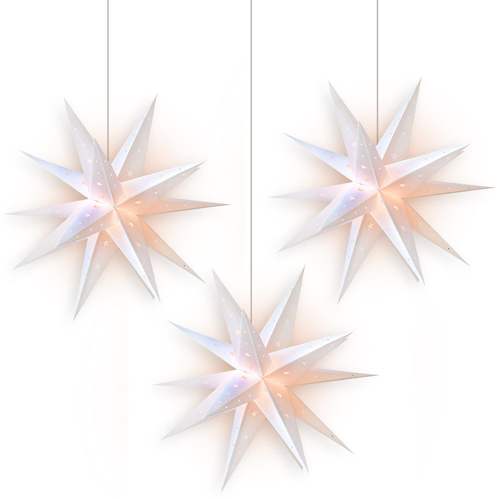3-PACK + CORD + BULBS | 20" White Moravian Weatherproof Outdoor Plastic Star Lantern Pendant Light Kit