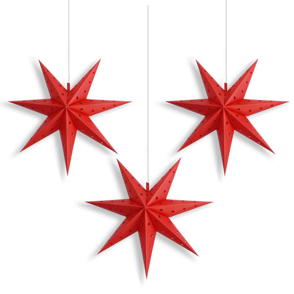 3-PACK + CORD + BULBS | 30" Red 7-Point Weatherproof Outdoor Plastic Star Lantern Pendant Light Kit