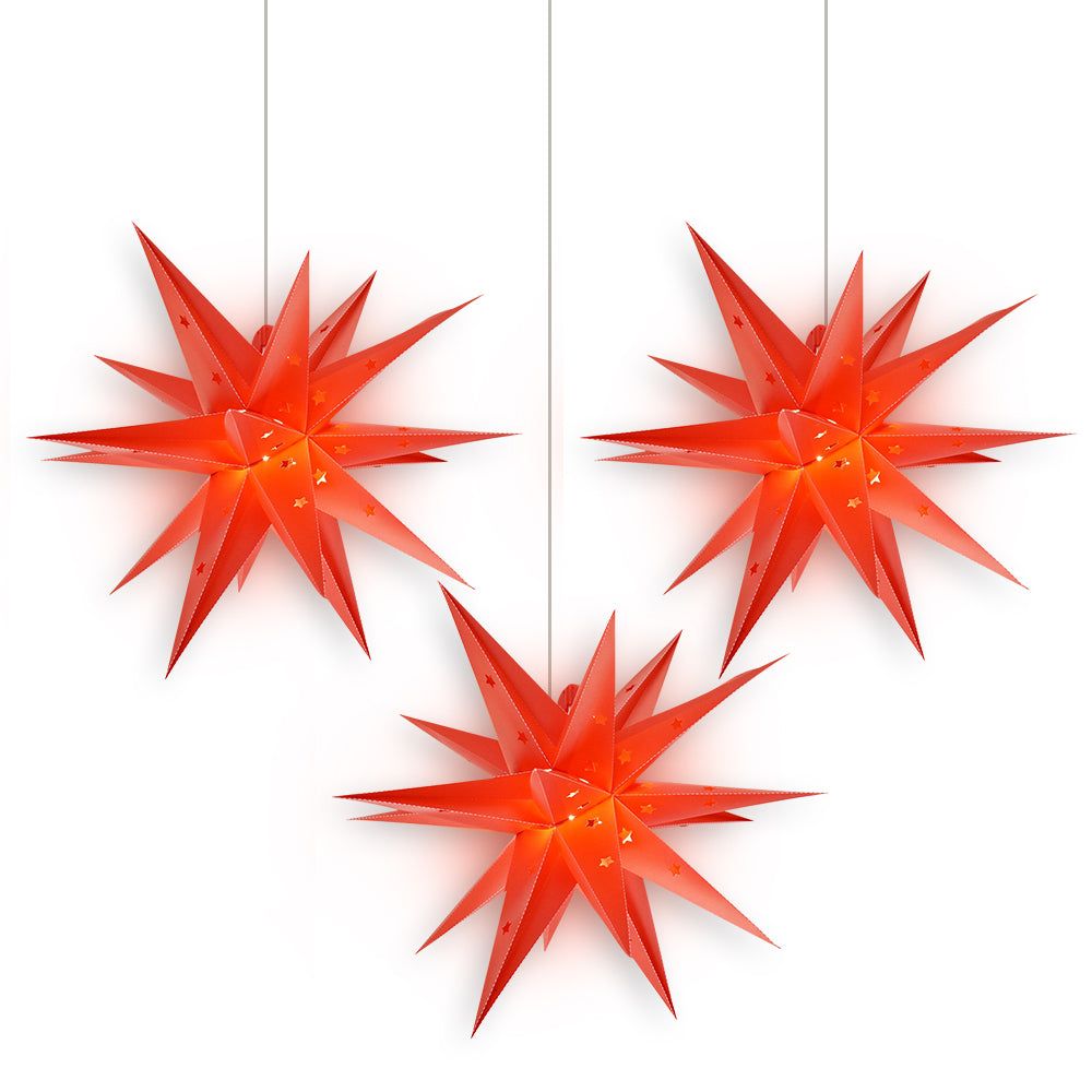 3-PACK + CORD + BULBS | 20&quot; Red Moravian Weatherproof Outdoor Plastic Star Lantern Pendant Light Kit