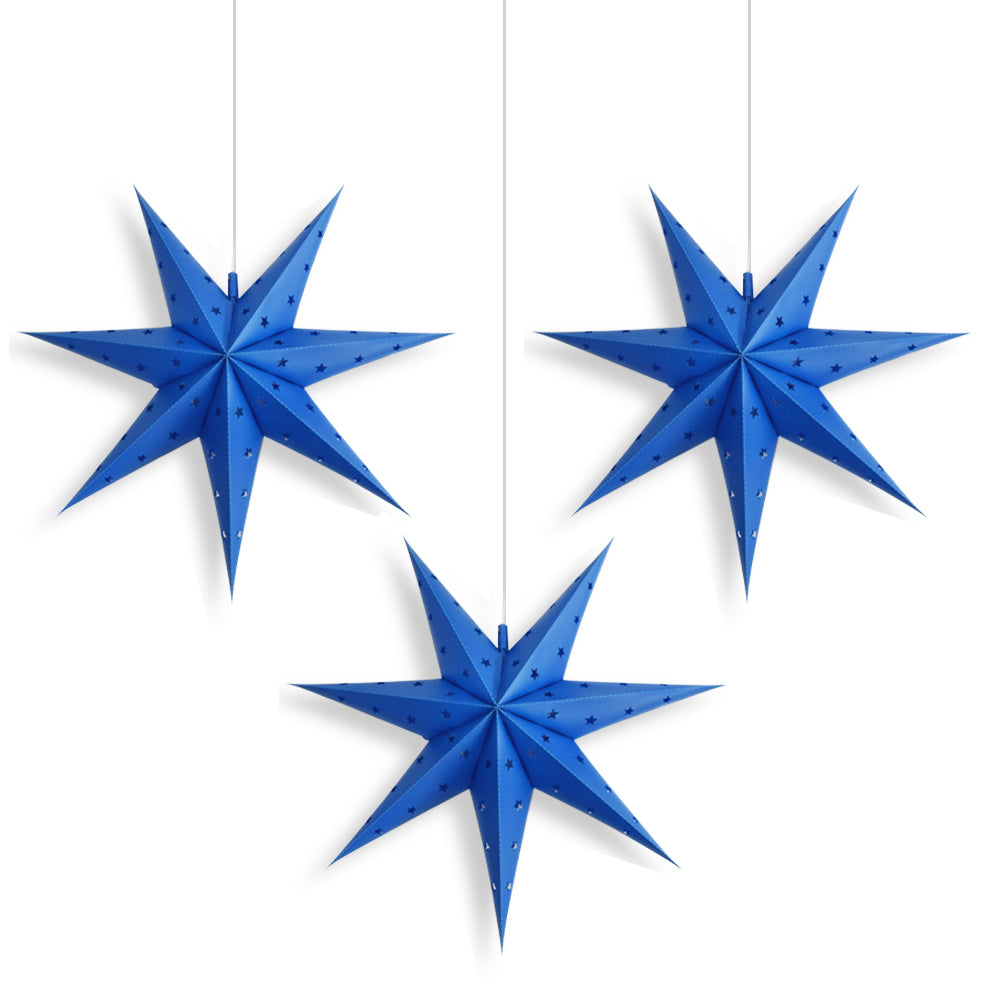 3-PACK + CORD + BULBS | 14" Dark Blue 7-Point Weatherproof Outdoor Plastic Star Lantern Pendant Light Kit