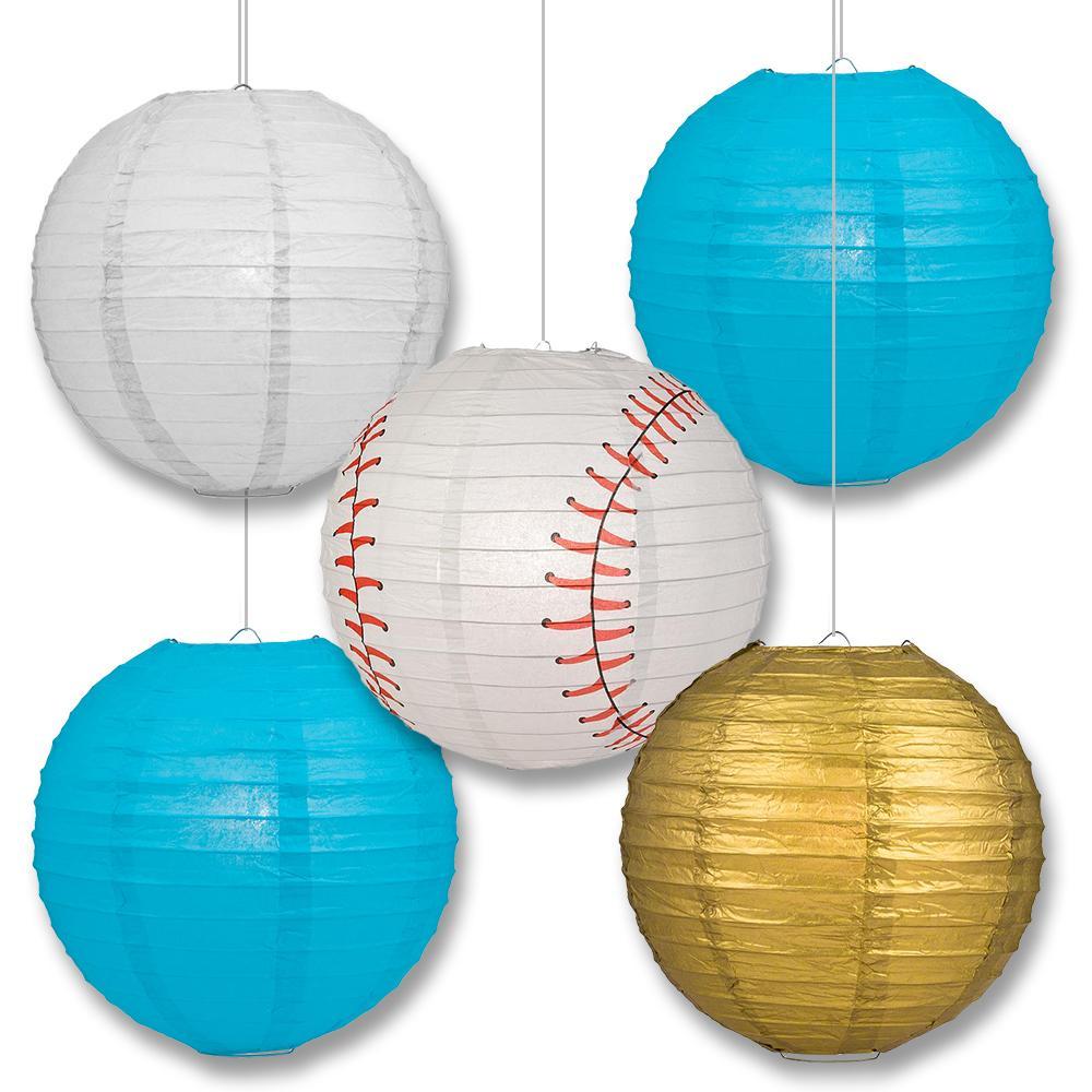 Kansas City Pro Baseball 14-inch Paper Lanterns 5pc Combo Party Pack - Royal Blue, Gold &amp; White - PaperLanternStore.com - Paper Lanterns, Decor, Party Lights &amp; More